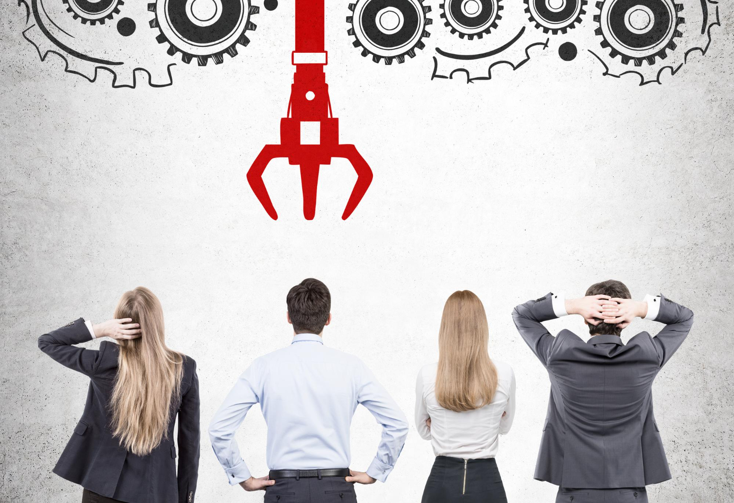 red claw choosing a man from a line-up of two businesswomen and two businessmen